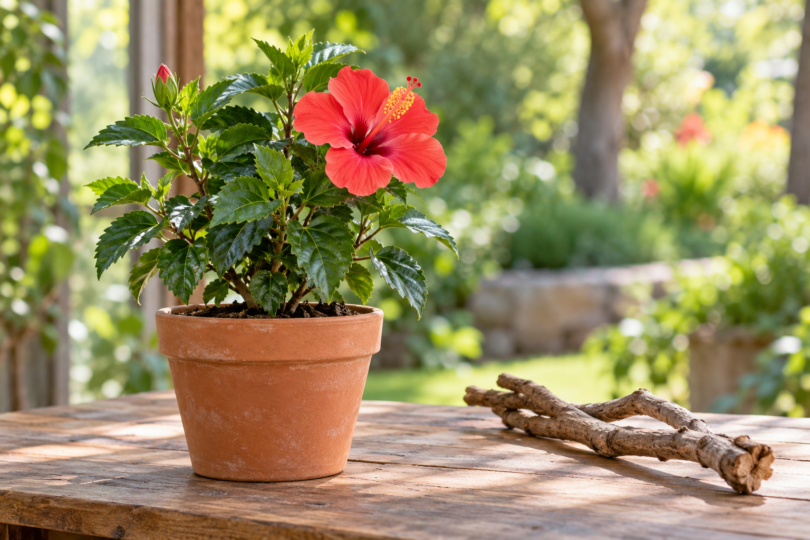 A potted hibiscus with a coral-red flower beside natural branches on a wooden bench.