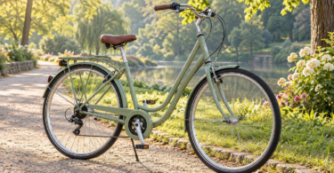 An unbranded pale green step-through bicycle parked on a sunlit path beside trees.