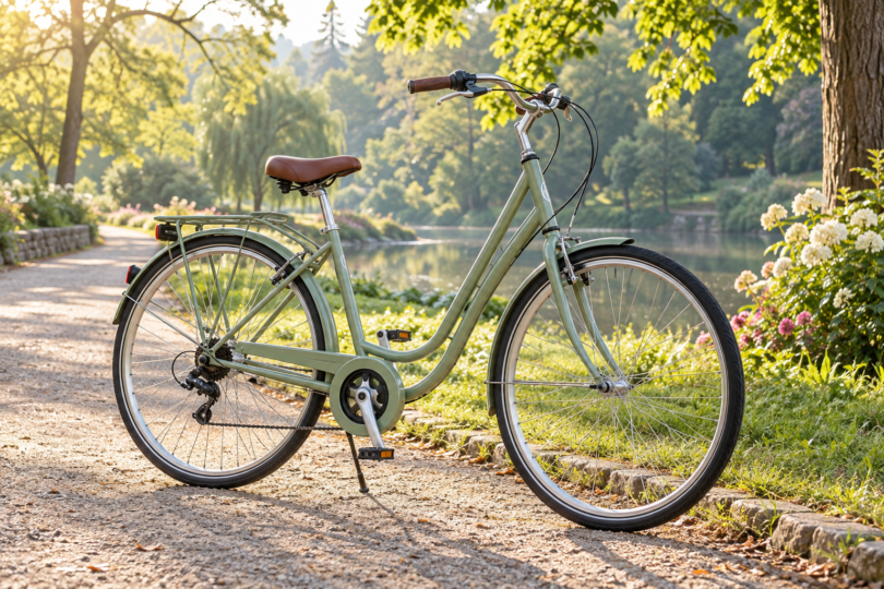 An unbranded pale green step-through bicycle parked on a sunlit path beside trees.
