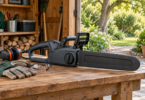 An unbranded chainsaw with its bar covered, beside work gloves, safety glasses and hearing protectors on a wooden bench