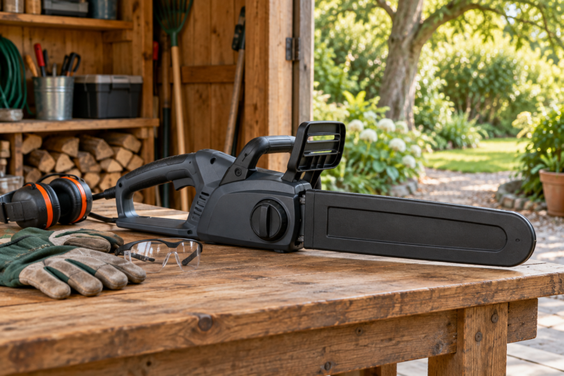 An unbranded chainsaw with its bar covered, beside work gloves, safety glasses and hearing protectors on a wooden bench