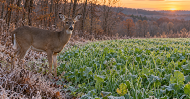 A white-tailed doe beside green grass and broad-leaved plants in a lightly frosted field at dawn