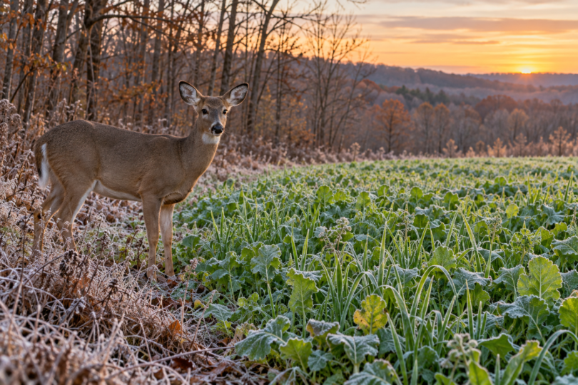 A white-tailed doe beside green grass and broad-leaved plants in a lightly frosted field at dawn