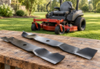 Two unbranded steel mower blades on a wooden workbench with a parked zero-turn mower on grass behind them