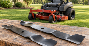 Two unbranded steel mower blades on a wooden workbench with a parked zero-turn mower on grass behind them