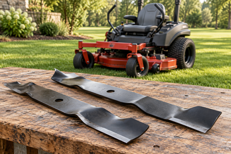 Two unbranded steel mower blades on a wooden workbench with a parked zero-turn mower on grass behind them