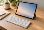Generic compact wireless keyboard in front of a tablet on a separate support on a wooden desk.