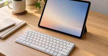 Generic compact wireless keyboard in front of a tablet on a separate support on a wooden desk.