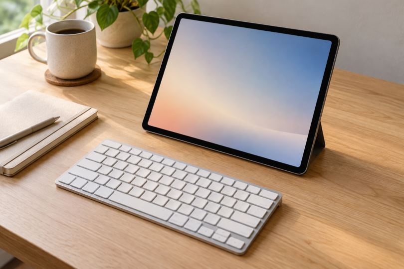 Generic compact wireless keyboard in front of a tablet on a separate support on a wooden desk.