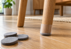 Generic wooden chair legs on a wood floor beside felt pads, with a clear felt-bottom sleeve on one leg.