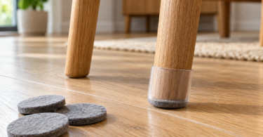 Generic wooden chair legs on a wood floor beside felt pads, with a clear felt-bottom sleeve on one leg.