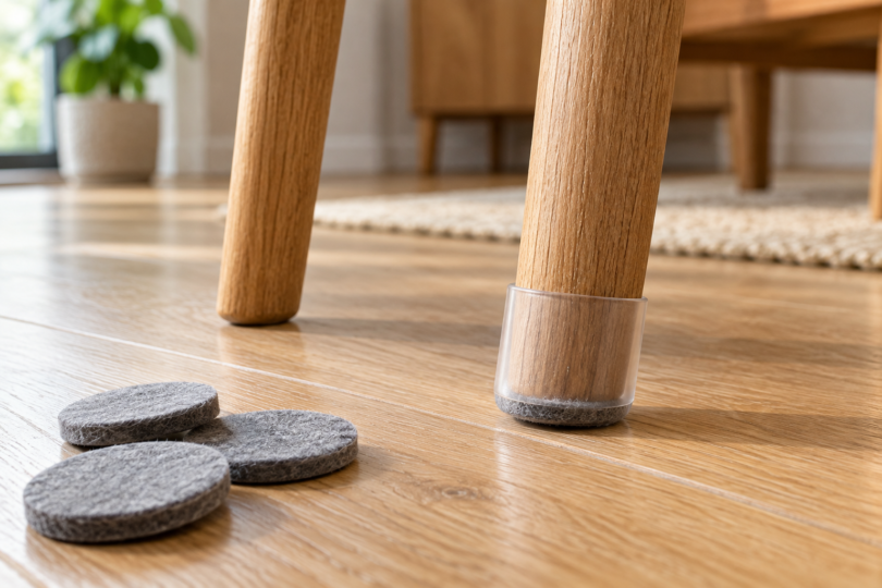 Generic wooden chair legs on a wood floor beside felt pads, with a clear felt-bottom sleeve on one leg.