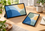 Illustration of two unbranded tablets with abstract screens beside a notebook and mug