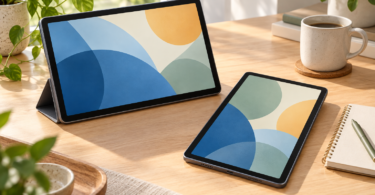 Illustration of two unbranded tablets with abstract screens beside a notebook and mug