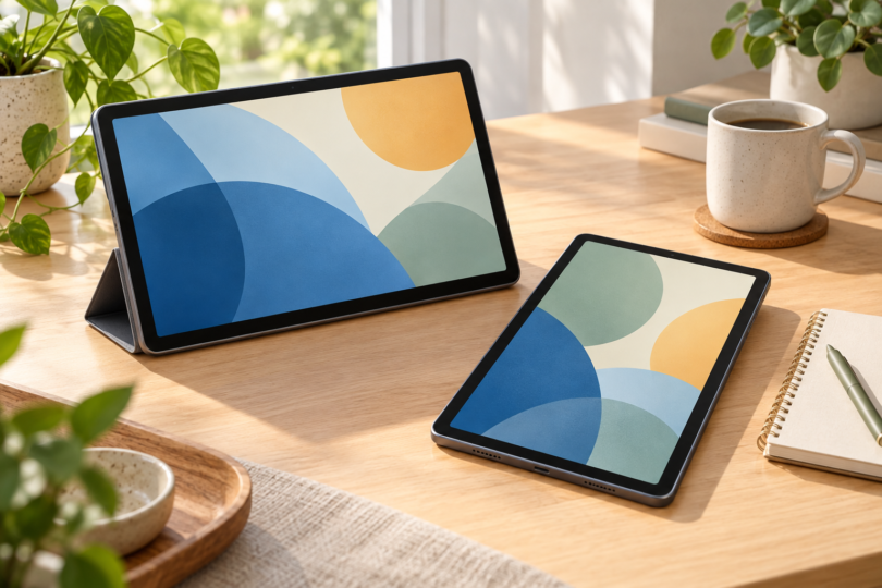 Illustration of two unbranded tablets with abstract screens beside a notebook and mug