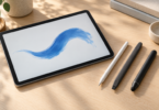 Illustration of an unbranded tablet with a blue stroke beside three styluses