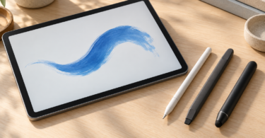 Illustration of an unbranded tablet with a blue stroke beside three styluses