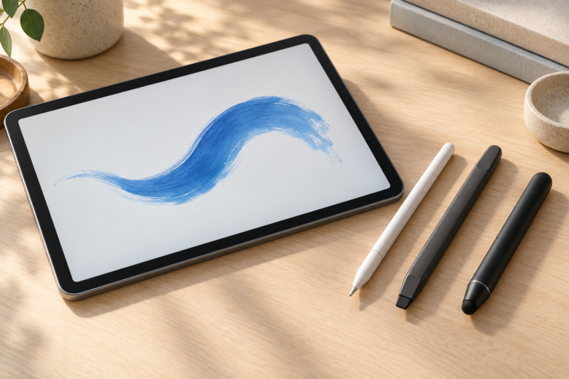 Illustration of an unbranded tablet with a blue stroke beside three styluses