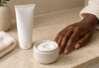 An adult hand with deep brown skin beside an unlabeled moisturizer tube, a pot of cream and a folded washcloth.