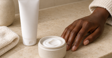 An adult hand with deep brown skin beside an unlabeled moisturizer tube, a pot of cream and a folded washcloth.