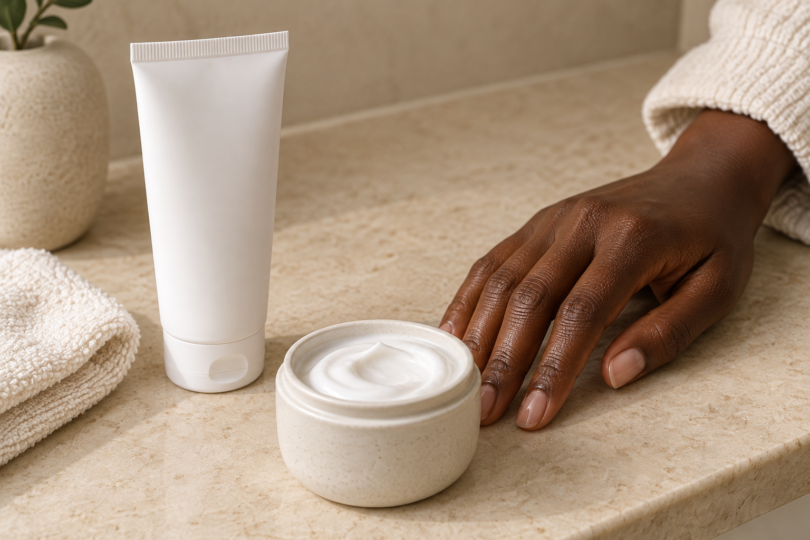 An adult hand with deep brown skin beside an unlabeled moisturizer tube, a pot of cream and a folded washcloth.