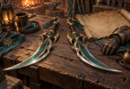Two ornate teal-and-brass fantasy blades on a wooden workbench beside blank parchment and an armored glove.