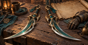 Two ornate teal-and-brass fantasy blades on a wooden workbench beside blank parchment and an armored glove.