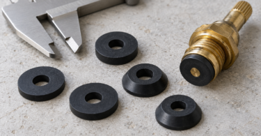 Black flat and beveled rubber washers lie beside a metal caliper and a brass faucet stem.