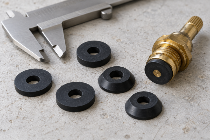 Black flat and beveled rubber washers lie beside a metal caliper and a brass faucet stem.