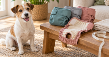 A small terrier sits beside reusable dog diapers, a clean towel and a measuring tape on a wooden bench.