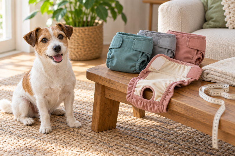 A small terrier sits beside reusable dog diapers, a clean towel and a measuring tape on a wooden bench.