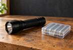 A black flashlight beside four batteries in a closed plastic storage case on a wooden table.