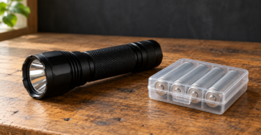 A black flashlight beside four batteries in a closed plastic storage case on a wooden table.