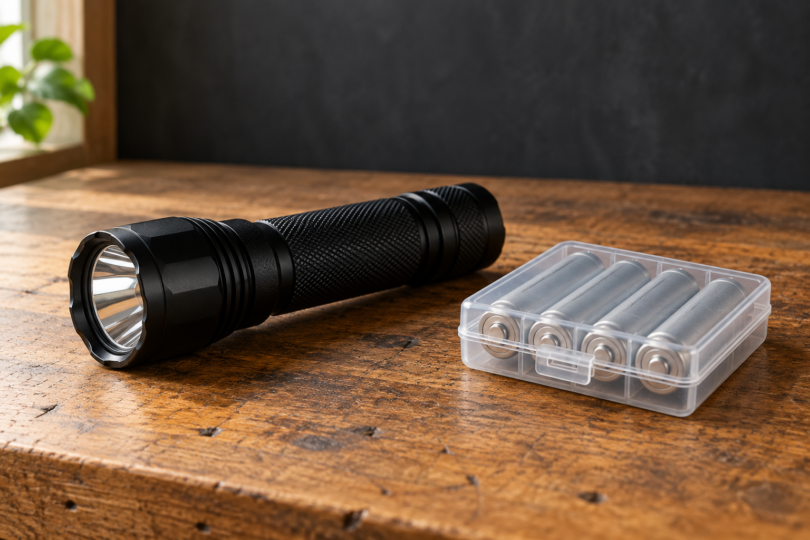 A black flashlight beside four batteries in a closed plastic storage case on a wooden table.
