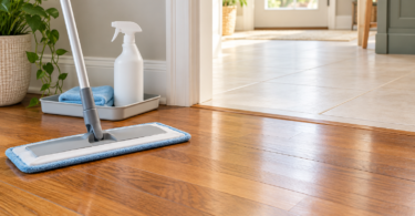 A flat microfiber mop on wood flooring beside a white spray bottle and folded cloth, with a tiled doorway behind.