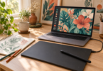 A generic screenless drawing tablet and stylus sit beside a sketchbook and a laptop displaying colorful botanical artwork on a sunlit desk.