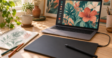 A generic screenless drawing tablet and stylus sit beside a sketchbook and a laptop displaying colorful botanical artwork on a sunlit desk.