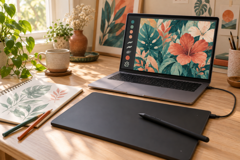 A generic screenless drawing tablet and stylus sit beside a sketchbook and a laptop displaying colorful botanical artwork on a sunlit desk.