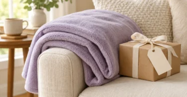 A plain lavender fleece throw draped over a cream sofa beside a ribbon-tied gift box with a blank tag
