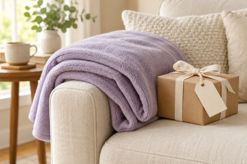 A plain lavender fleece throw draped over a cream sofa beside a ribbon-tied gift box with a blank tag
