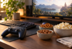 Bowls of almonds, mini pretzels and popcorn beside a controller and keyboard on a wooden desk.