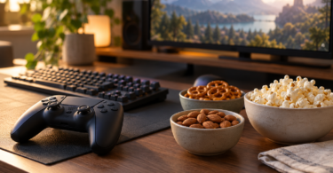 Bowls of almonds, mini pretzels and popcorn beside a controller and keyboard on a wooden desk.
