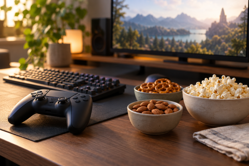 Bowls of almonds, mini pretzels and popcorn beside a controller and keyboard on a wooden desk.