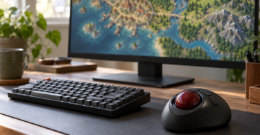 A black trackball with a dark red ball sits beside a compact keyboard on a wooden desk, with a colorful landscape map on the monitor.