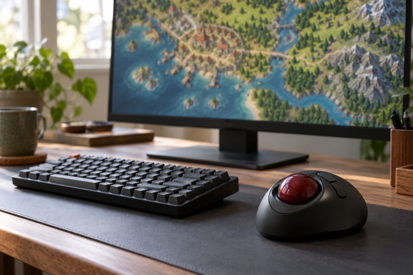 A black trackball with a dark red ball sits beside a compact keyboard on a wooden desk, with a colorful landscape map on the monitor.