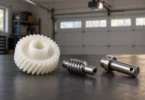 A white helical gear and two metal components resting on a workbench in a garage