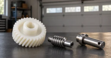 A white helical gear and two metal components resting on a workbench in a garage
