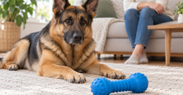 A German Shepherd resting beside a blue dog toy on a rug, with a person seated nearby.
