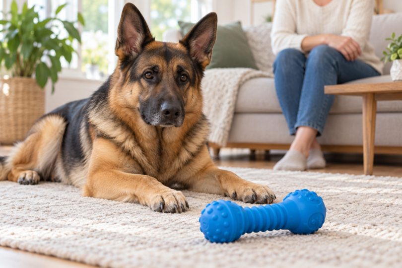 A German Shepherd resting beside a blue dog toy on a rug, with a person seated nearby.