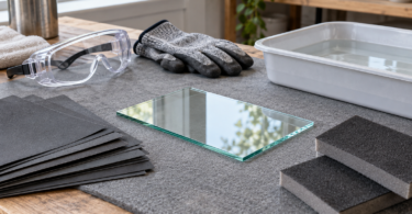 A loose rectangular glass sample rests on a gray work mat beside abrasive sheets, foam hand pads, protective goggles, gloves and a water tray.
